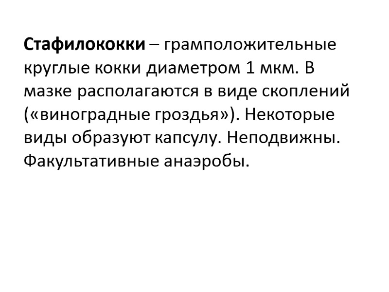 Стафилококки – грамположительные круглые кокки диаметром 1 мкм. В мазке располагаются в виде скоплений